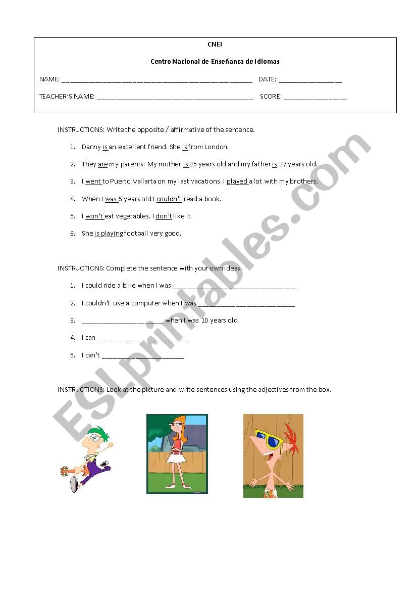 exam worksheet