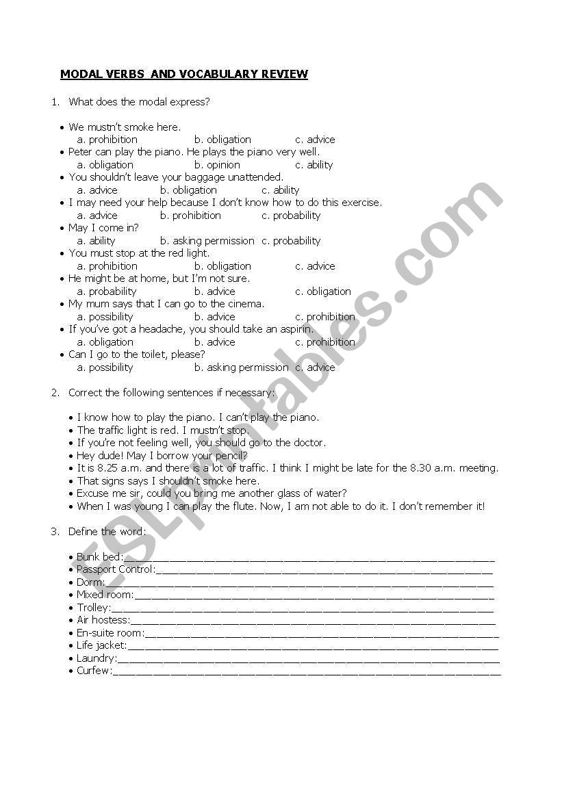 Modals and vocabulary worksheet