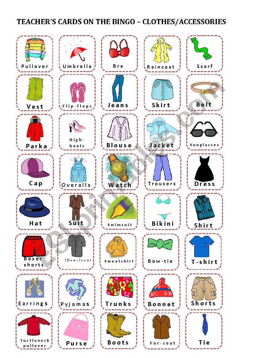 Bingo_clothes and accessories_Teacher´s cards - ESL worksheet by ...