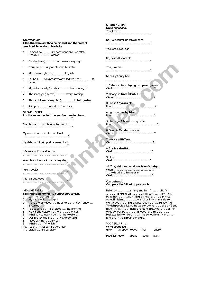 Elementary Exam worksheet