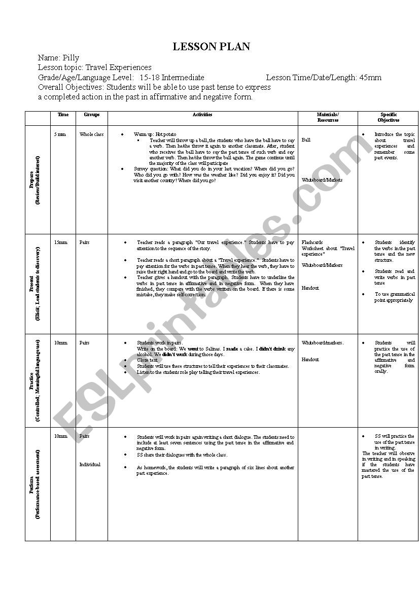 LESSON PLAN SIMPLE PAST TENSE ESL Worksheet By Pillicientapa