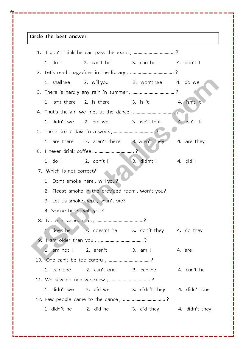 Circle the best answer worksheet