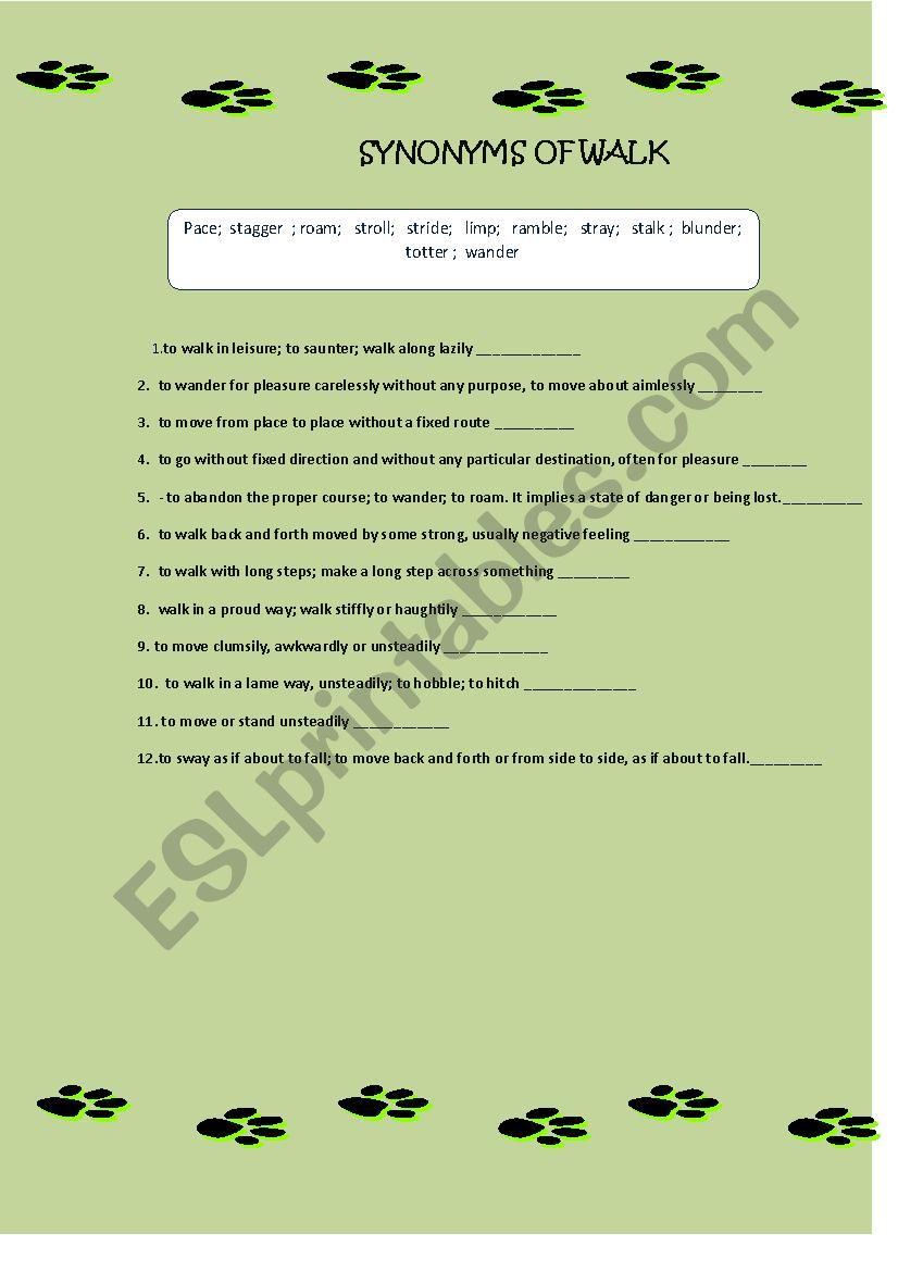 Synonyms Of WALK ESL Worksheet By Peperutkaa