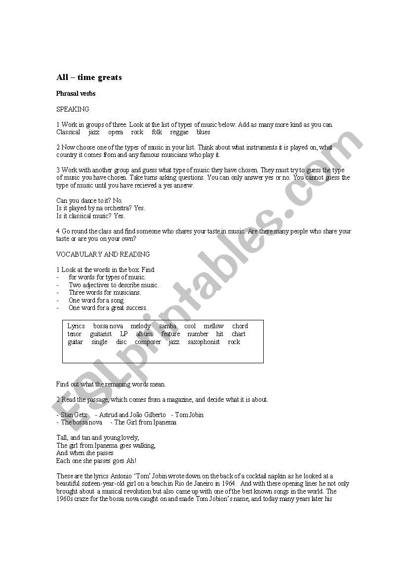 ALL TIME GREATS: TOM JOBIM worksheet