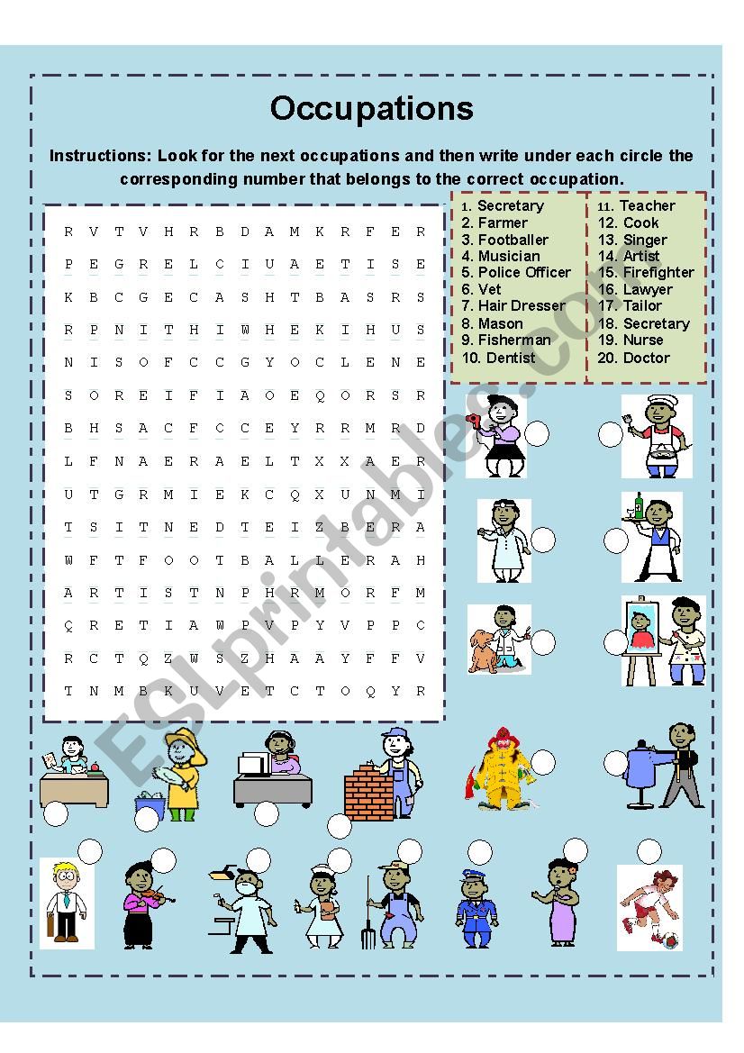 Occupations Matching and Crossword Puzzle ESL worksheet by marlonmark