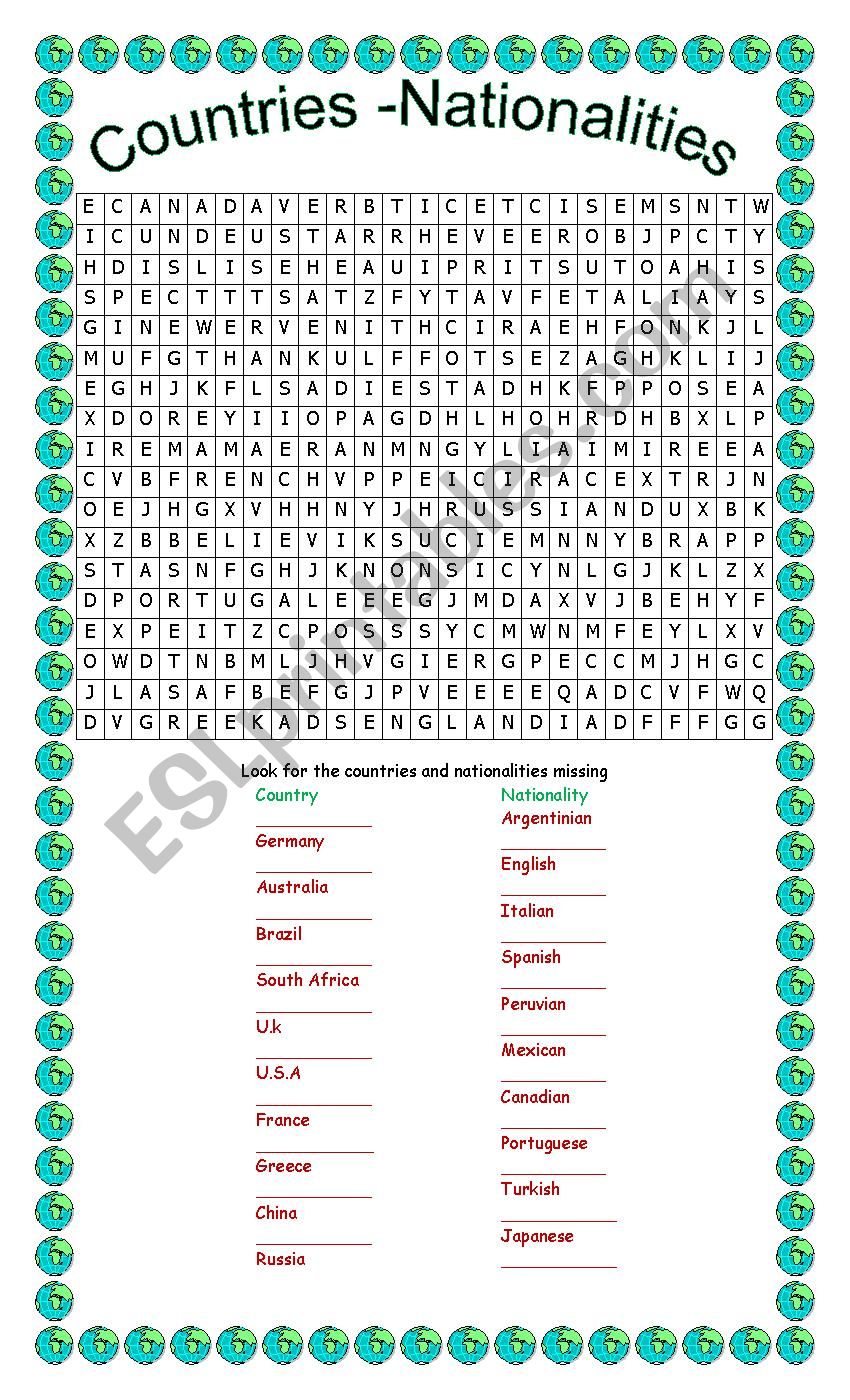 Countries and Nationalities - ESL worksheet by panchuyo