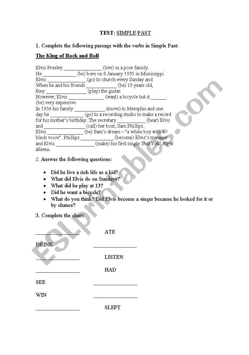 Simple Past Test worksheet