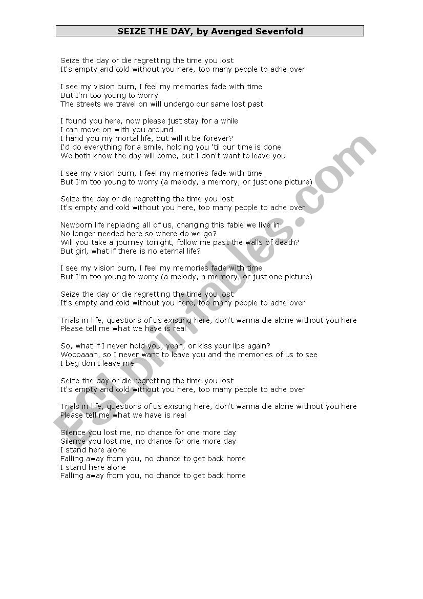 English Worksheets Song Seize The Day