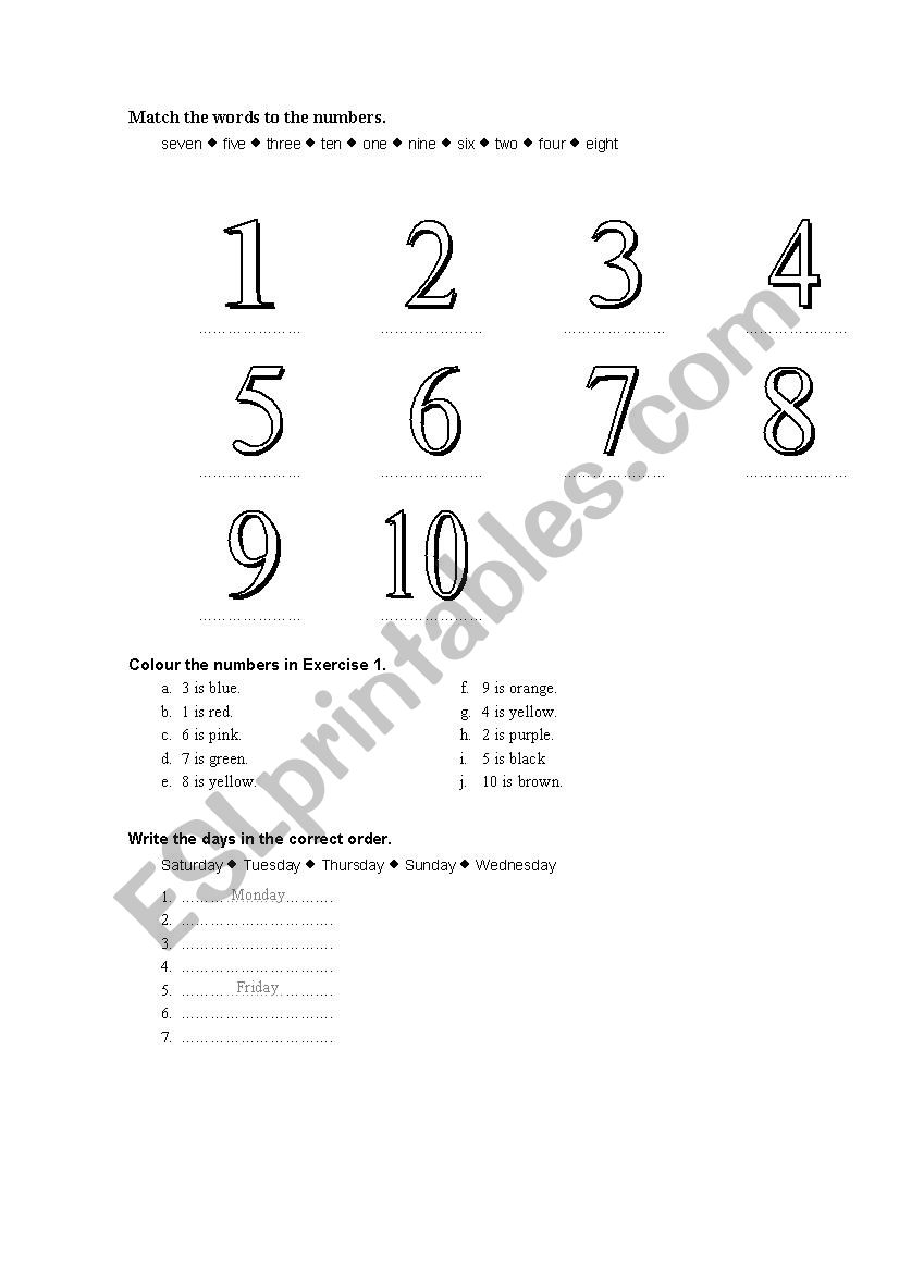 numbers, colours and days worksheet