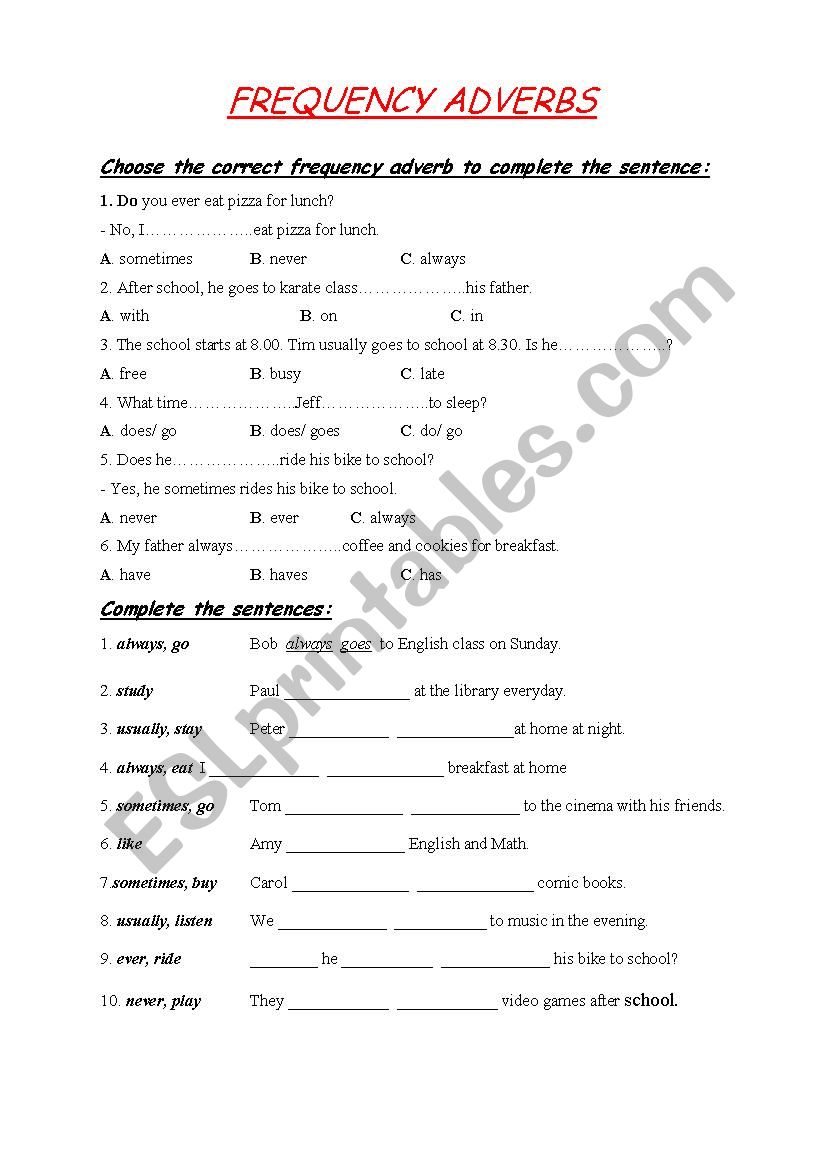 English worksheets: Frequency Adverbs