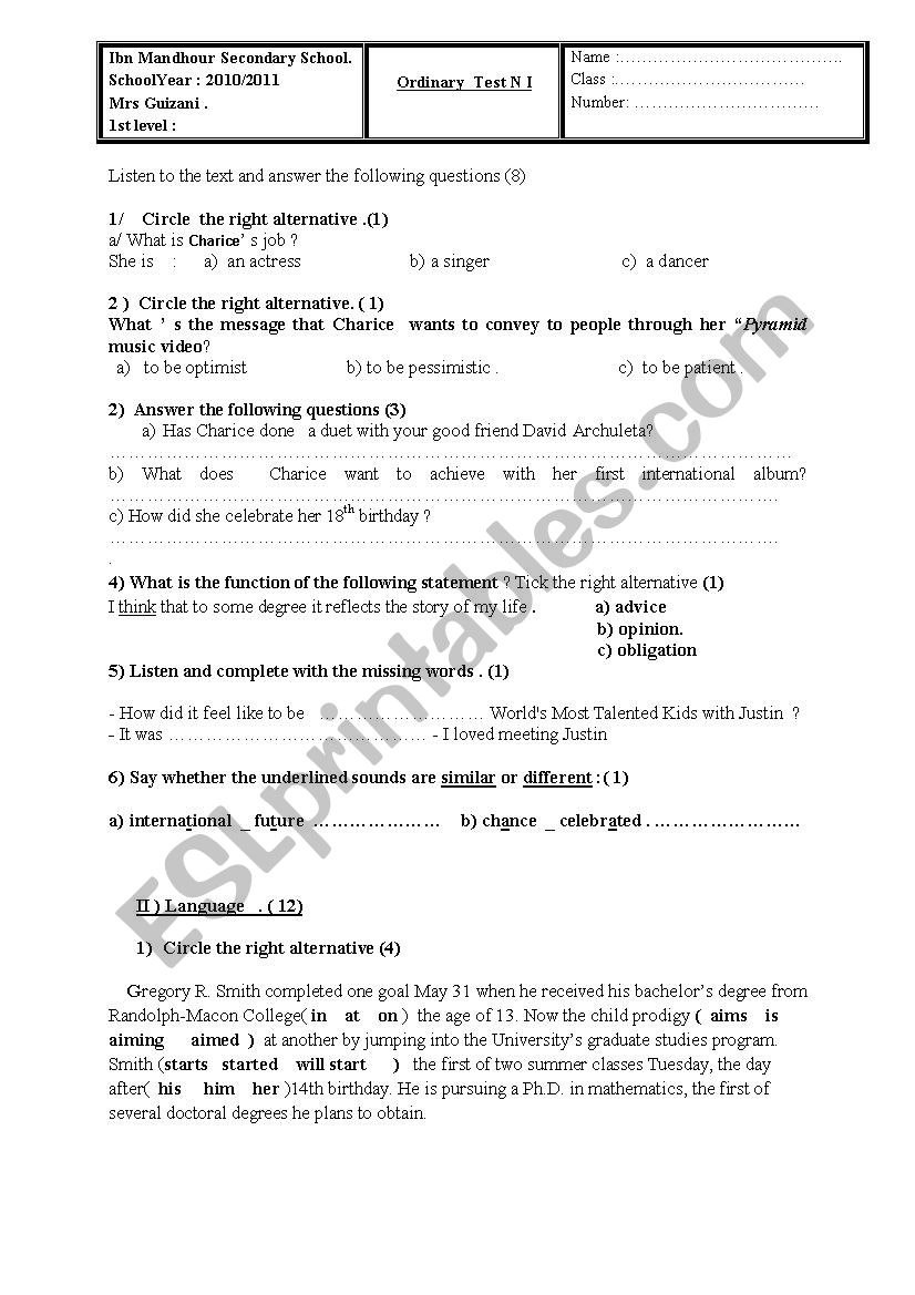 midterm test n1 for 1 st year secondary education