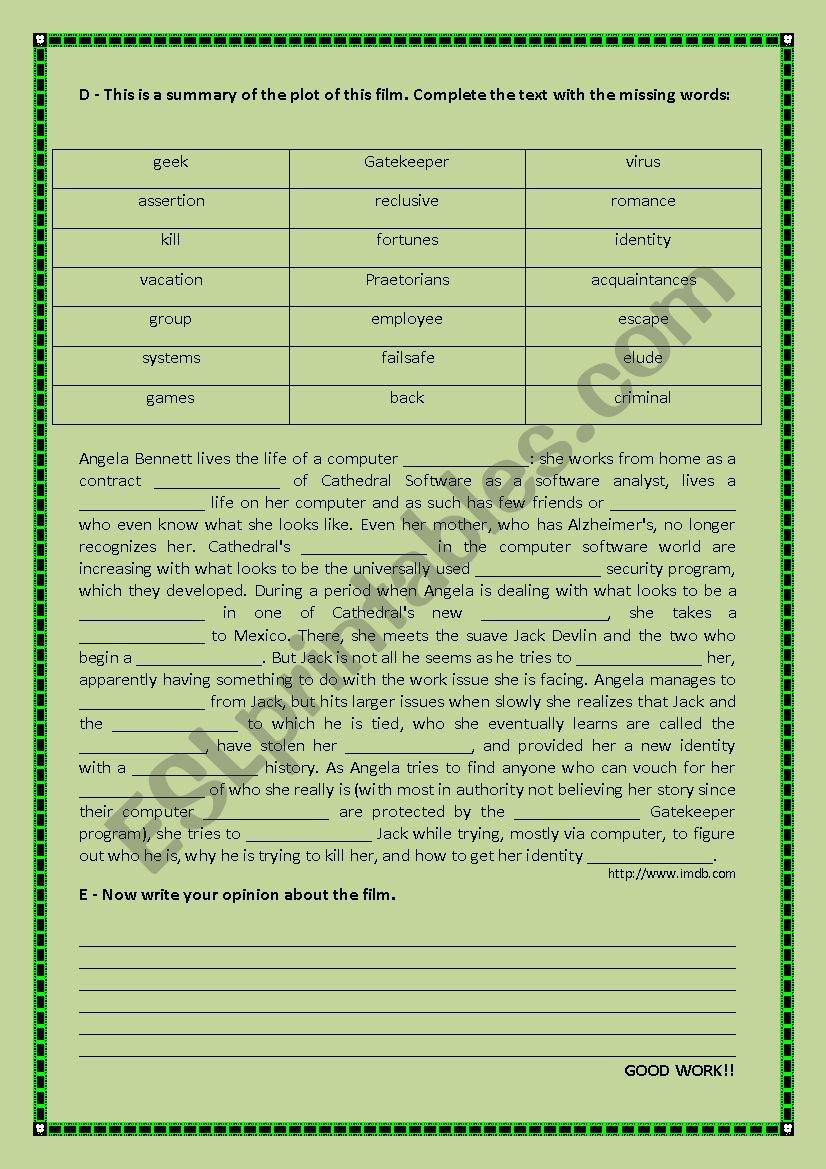 The Net - film worksheet - ESL worksheet by Luca_