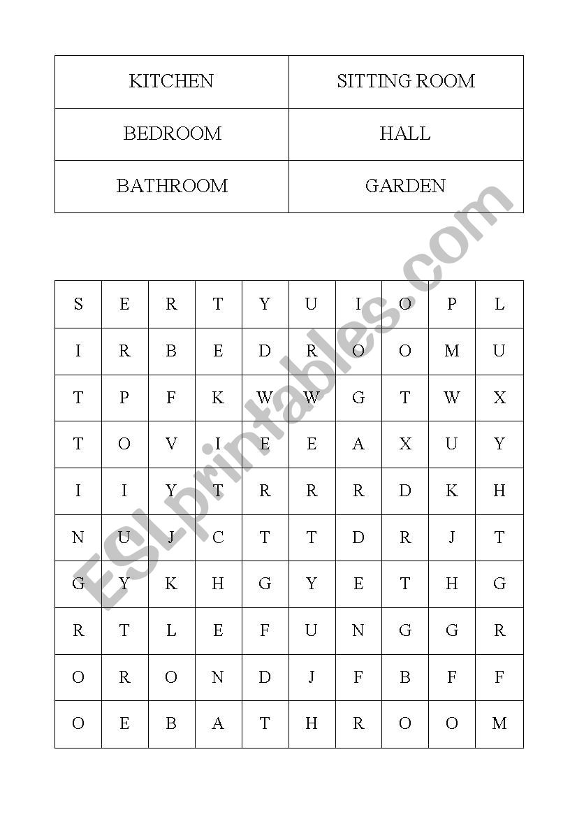 Rooms wordsearch worksheet