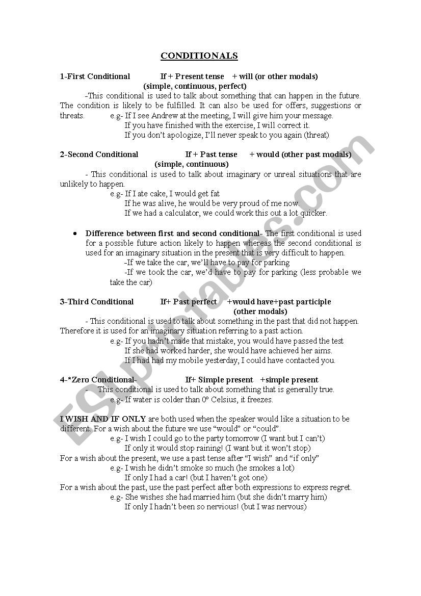 CONDITIONALS (EXPLANATION) worksheet