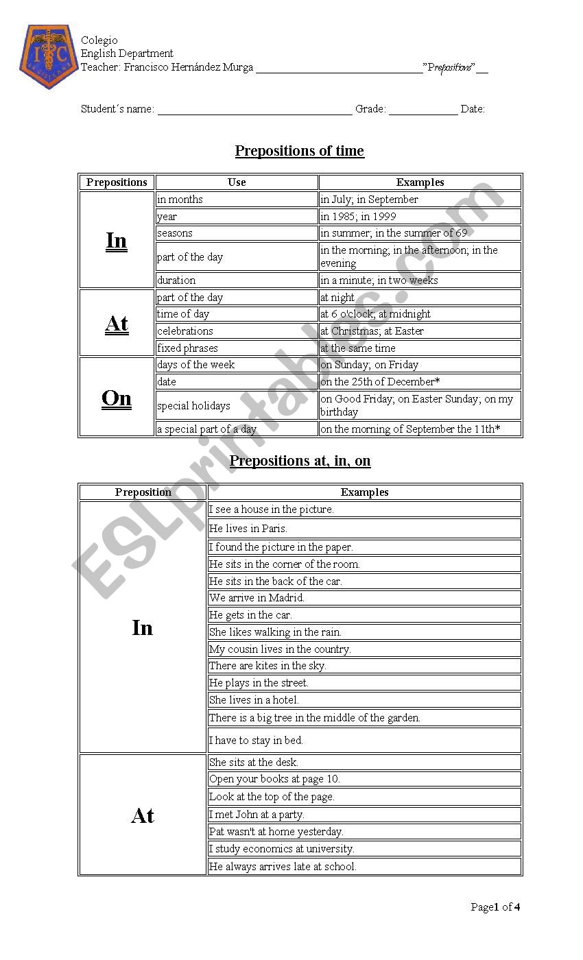 Preposition of place and time worksheet