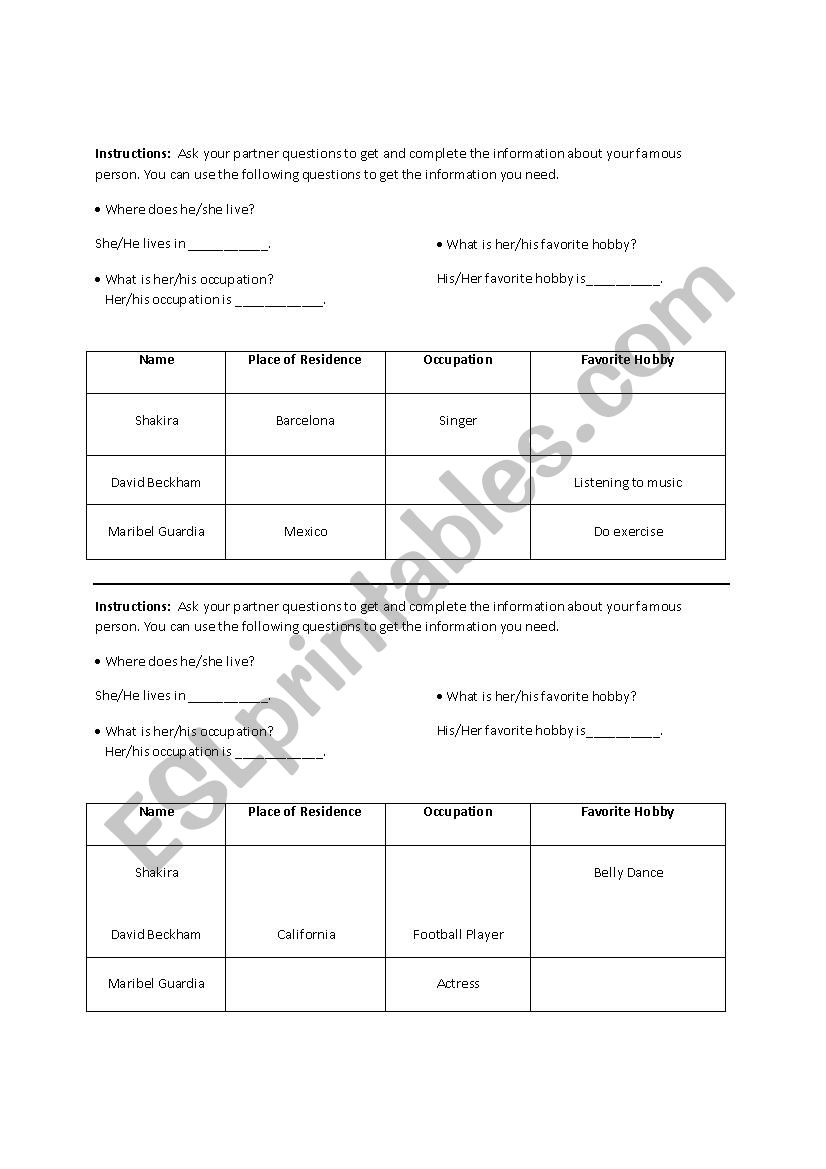 Famous People/Information- gap worksheet