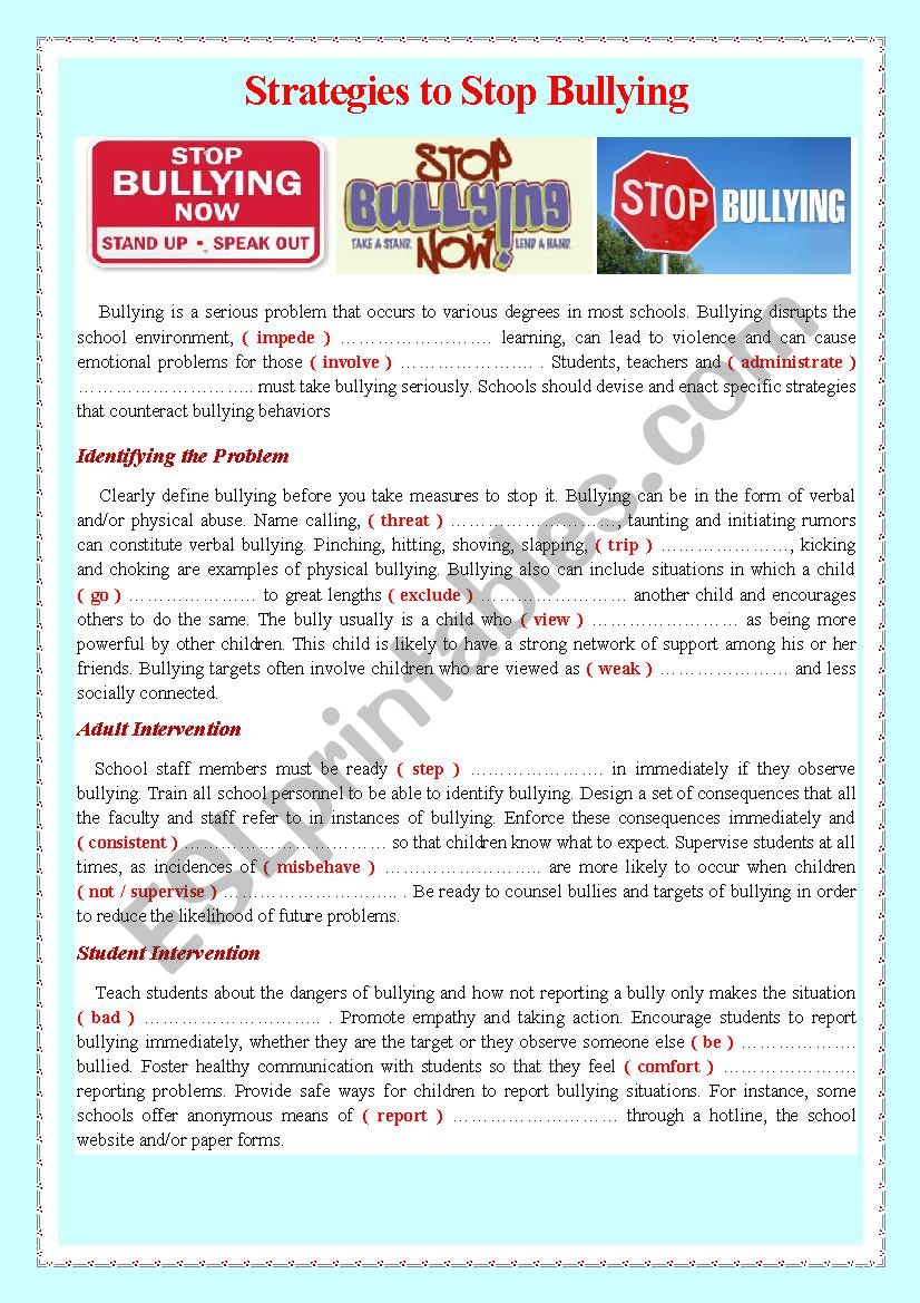 Strategies to Stop Bullying - ESL worksheet by adel boukhchina