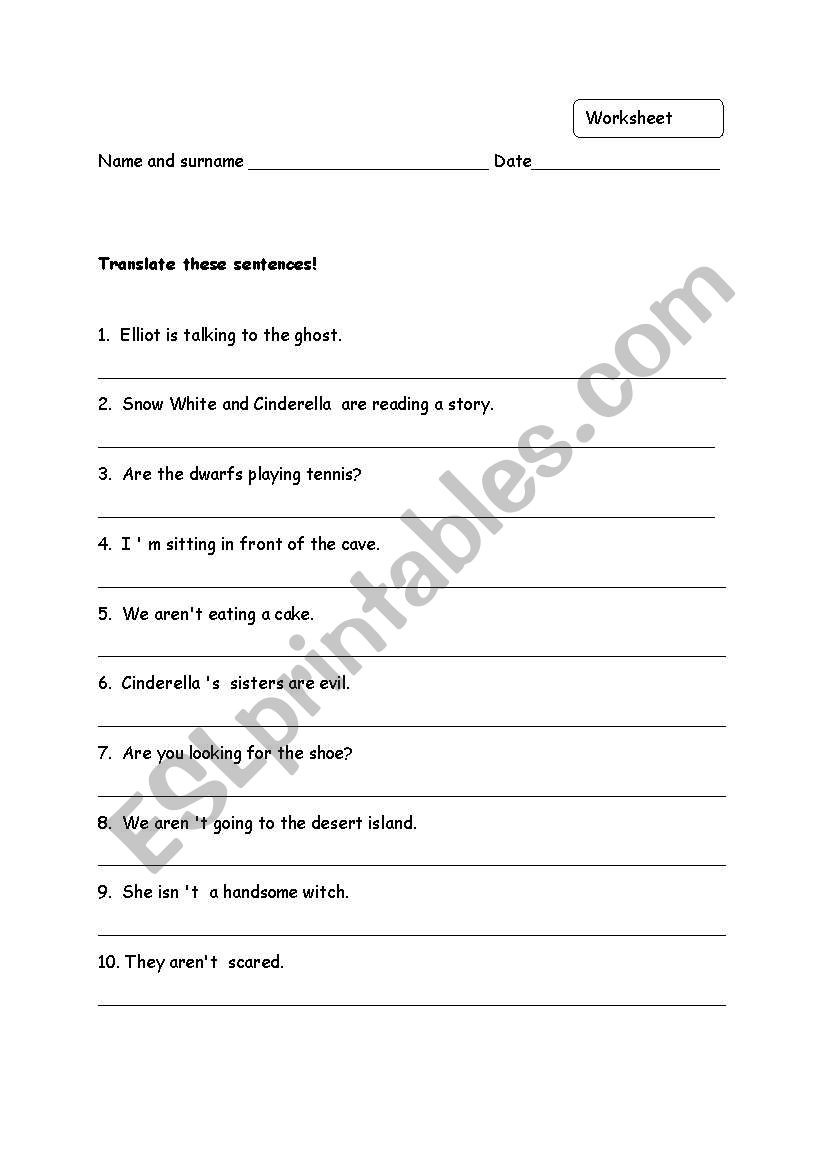 worksheets for practising translation, preposition and present continous