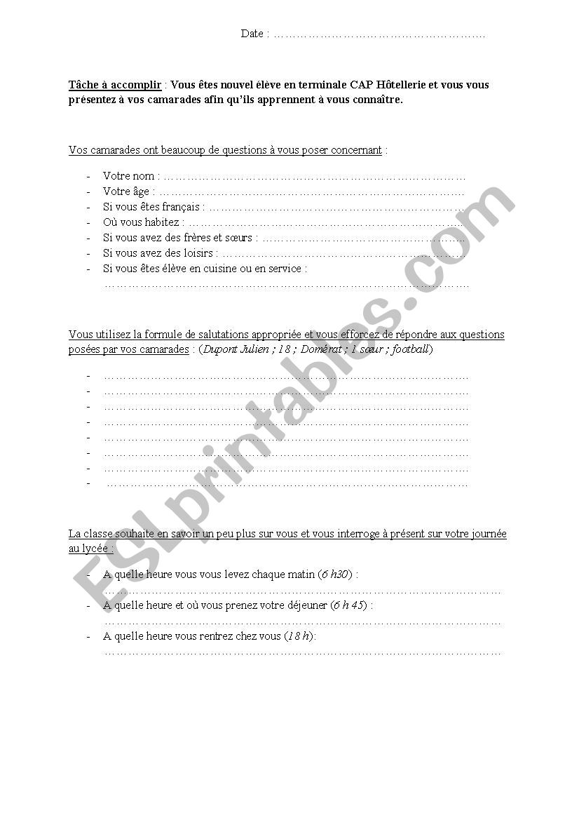 Sequence htellerie worksheet