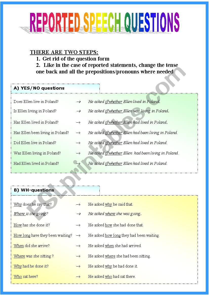 Reported Speech Questions part 2 2 ESL Worksheet By Tooomas