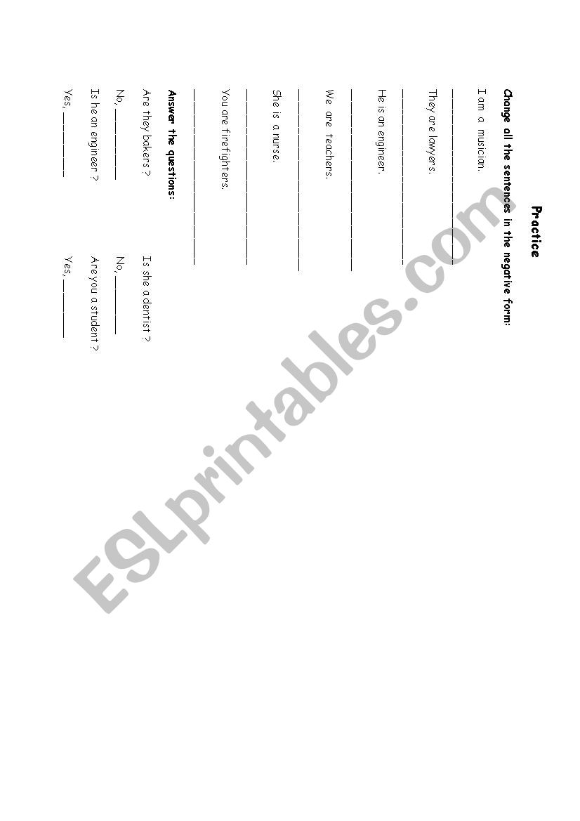 verb to be: negative form worksheet