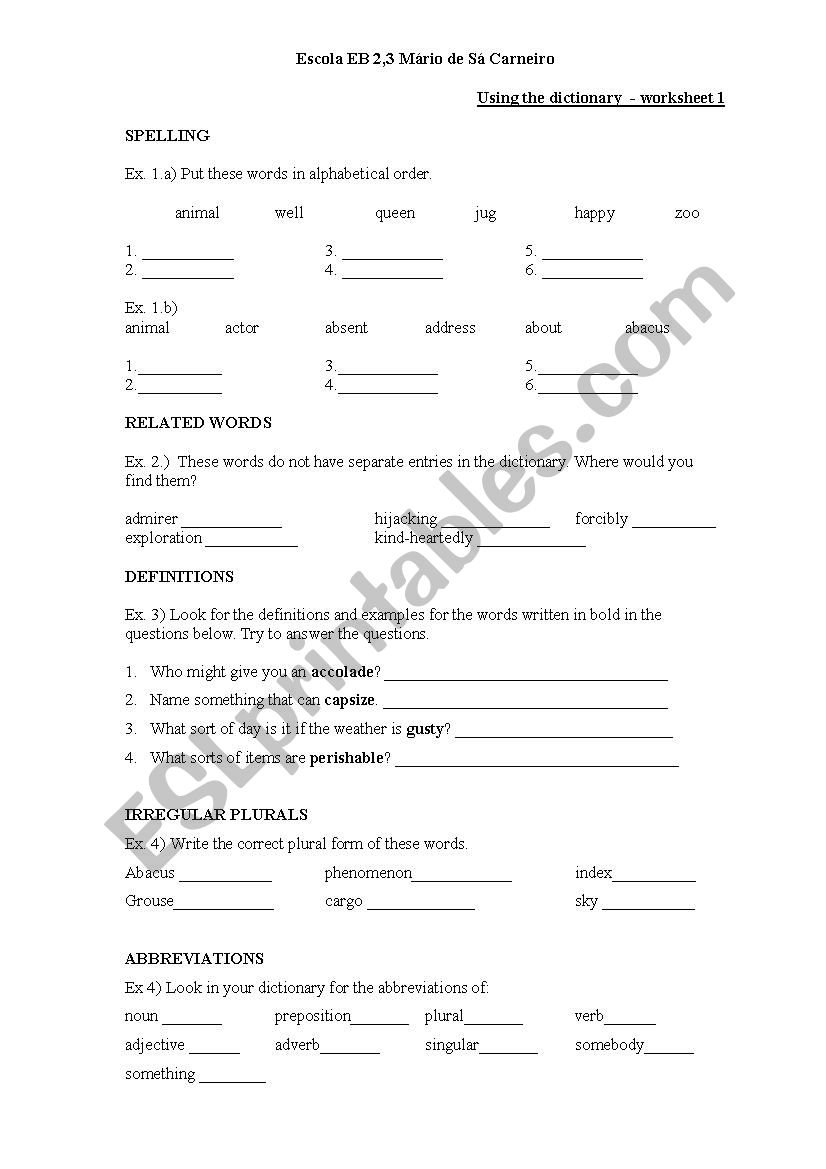 dictionary work worksheet