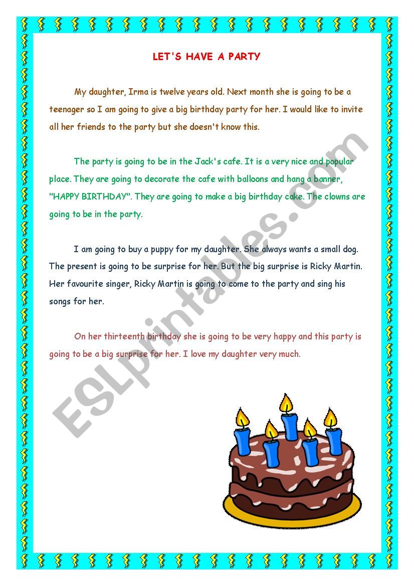 LET´S HAVE A PARTY (READING WORKSHEET FOR 