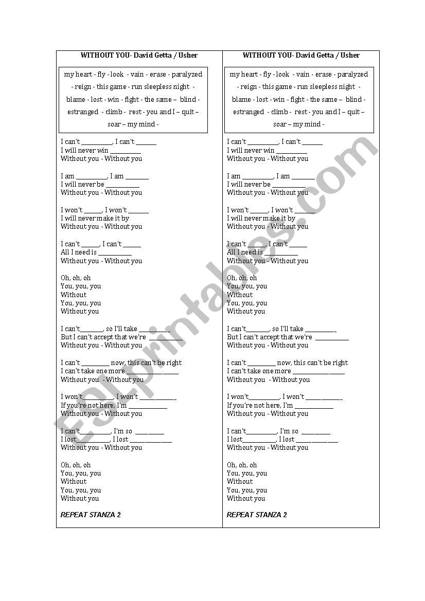 Without You- David Getta worksheet