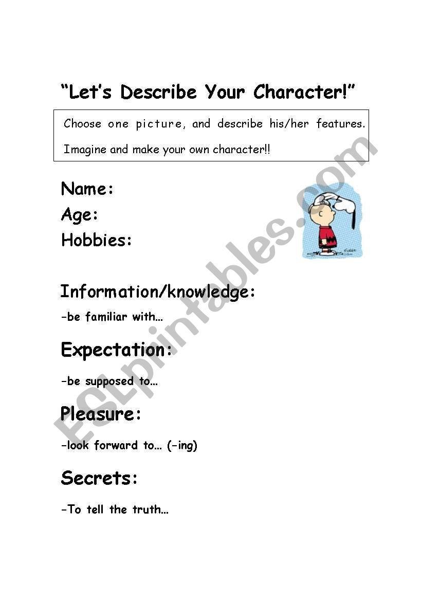 Describe Your Character worksheet