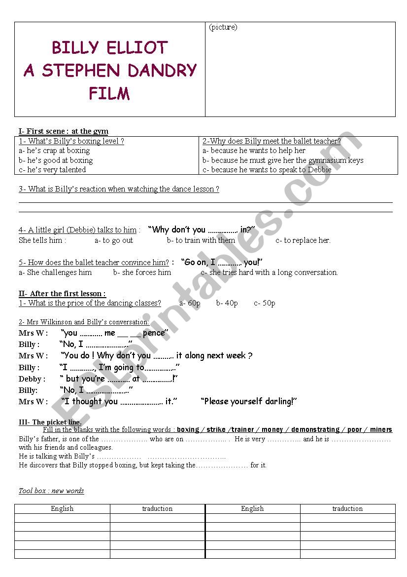 Billy Eliott  worksheet