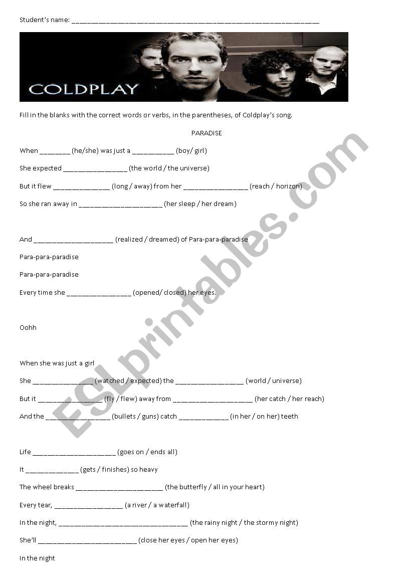 Coldplay Paradise Lyrics - ESL worksheet by isabelaaadias