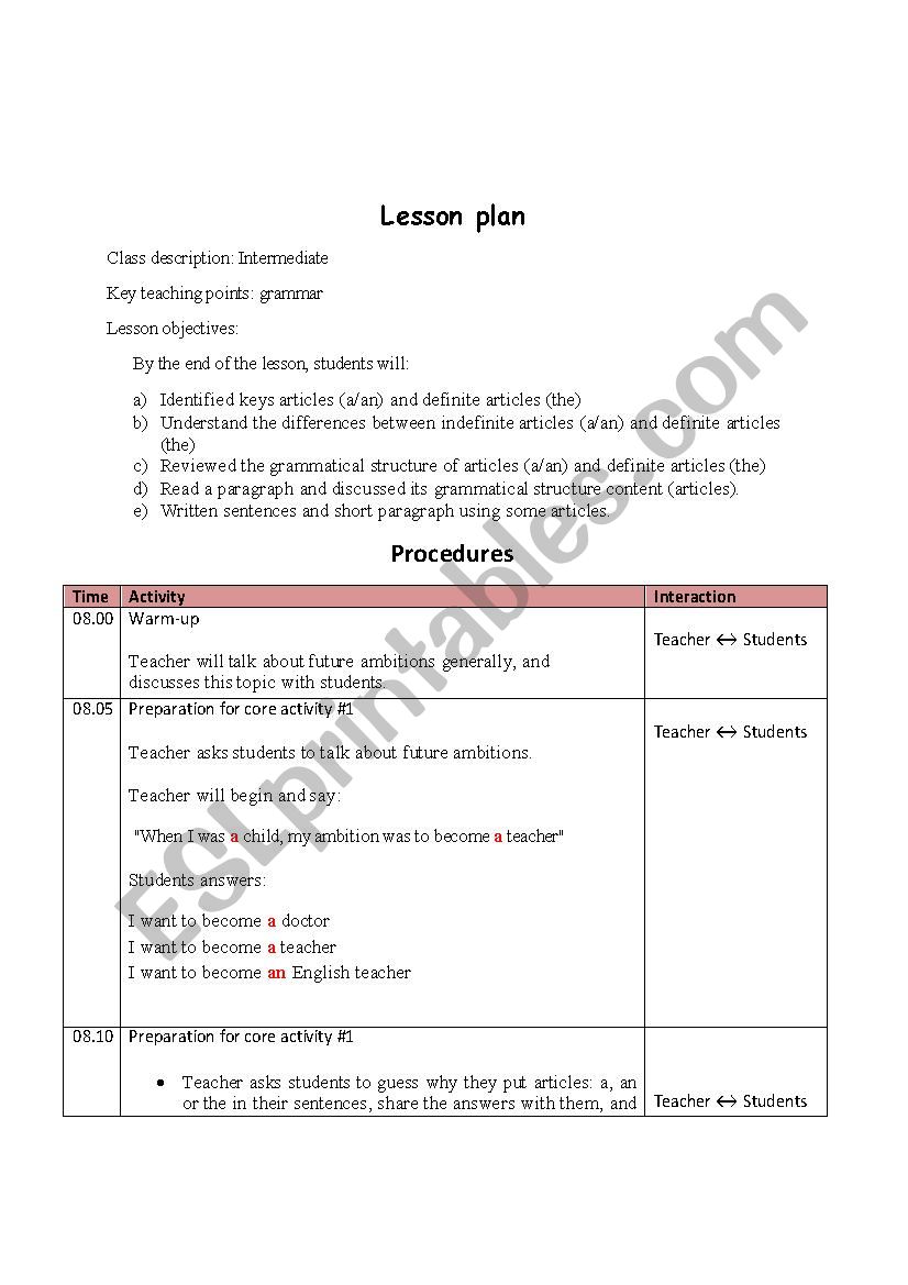 Articles Lesson Plan worksheet