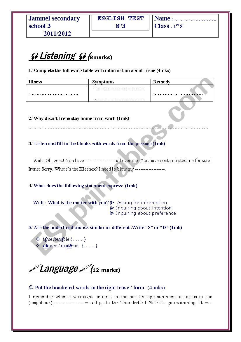 English test N 3 worksheet