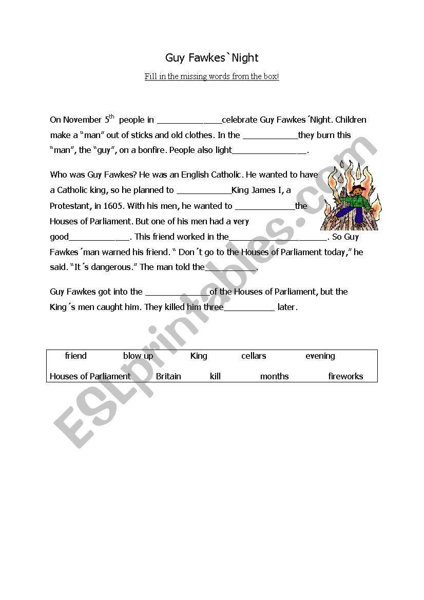 Cloze - Guy Fawkes worksheet