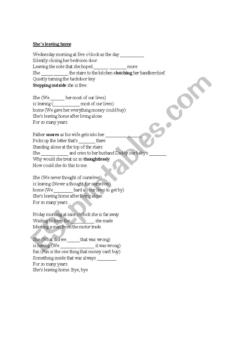 English worksheets: She´s leaving home by The Beatles