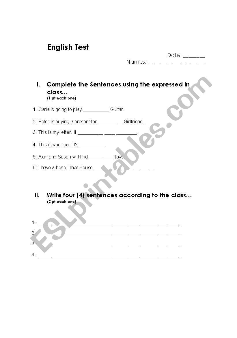 English worksheets: Expressing Possesion Test