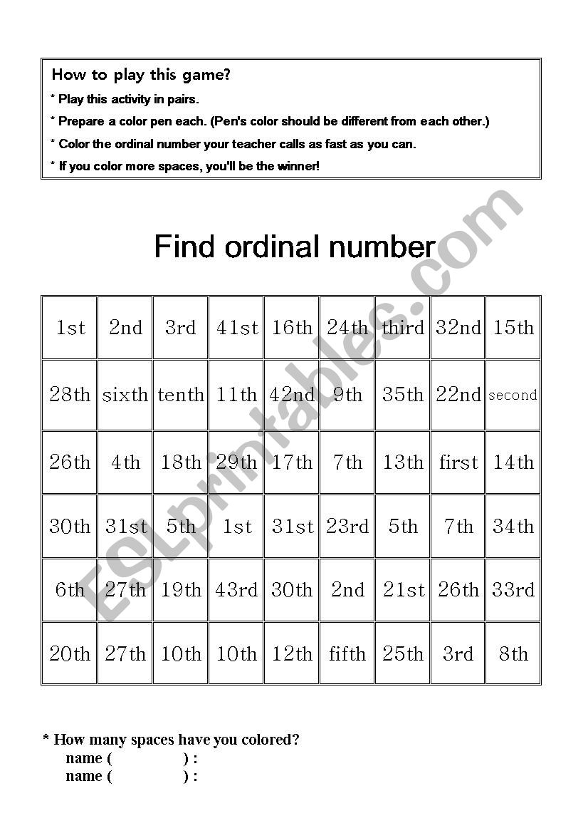 Find ordinal numbers worksheet