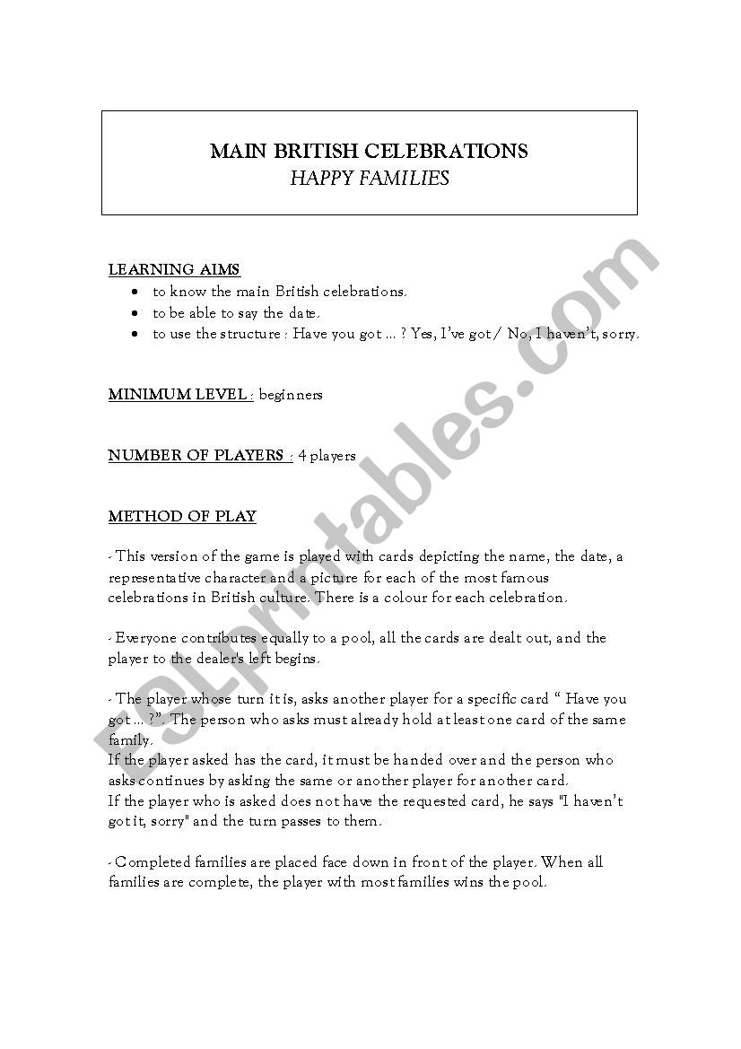 Happy families worksheet