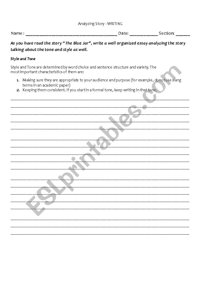 analyzing story Blue Jar worksheet