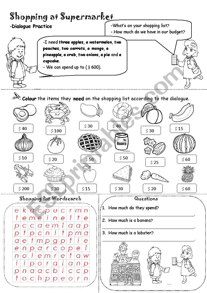 Shopping at Supermarket (Wordsearch and Questions)