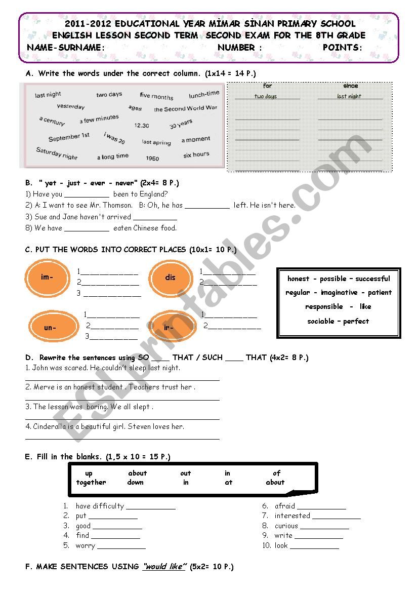 8. grade exam worksheet