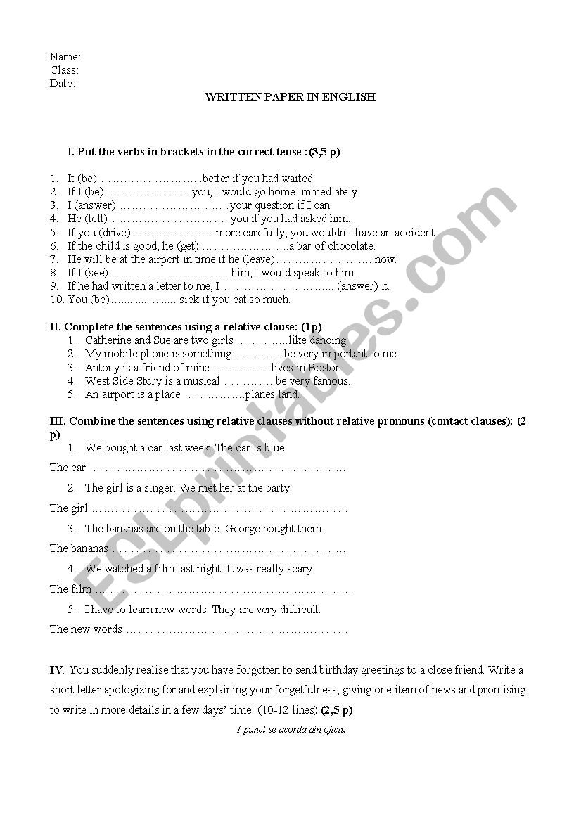 test paper worksheet