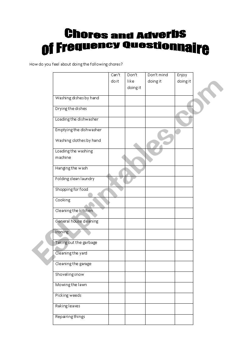 Chores and Adverbs of Frequency Questionnaire