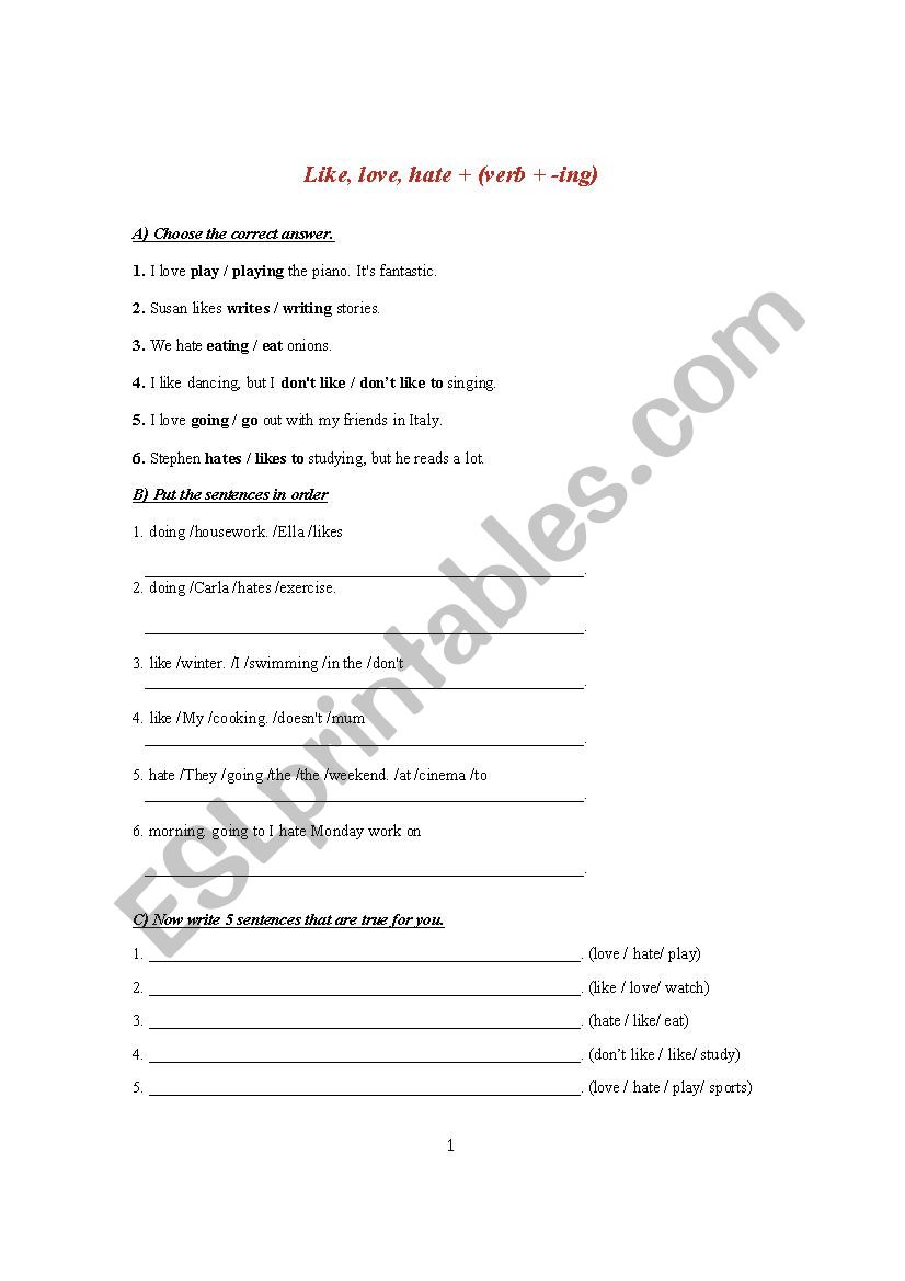 Verbs + ing worksheet