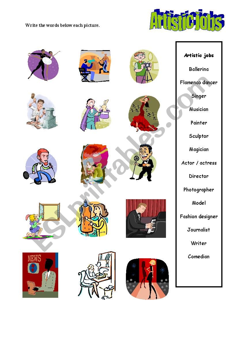 Artistic jobs worksheet