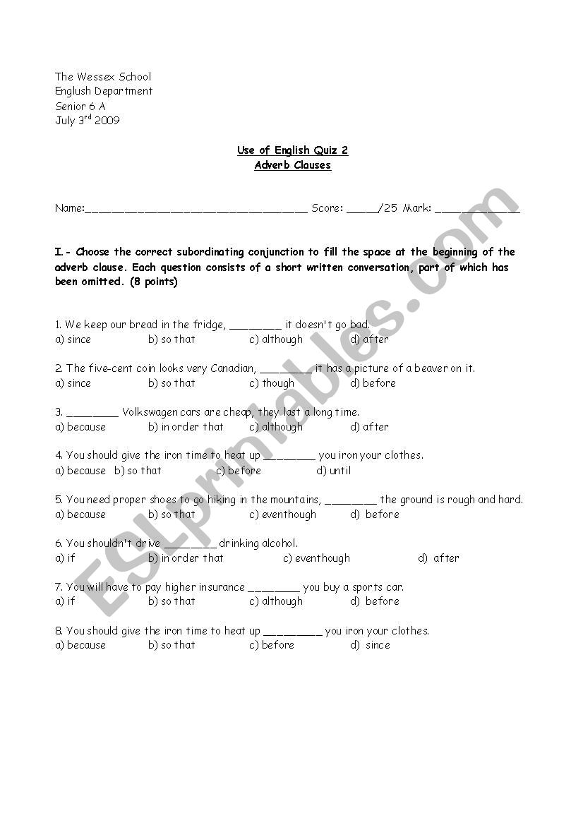 Adverb Clauses worksheet