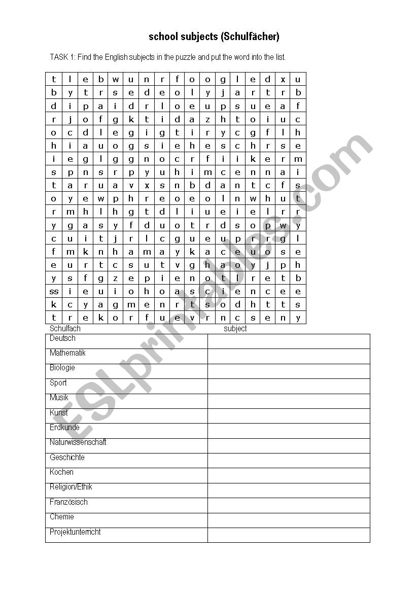 school subjects worksheet