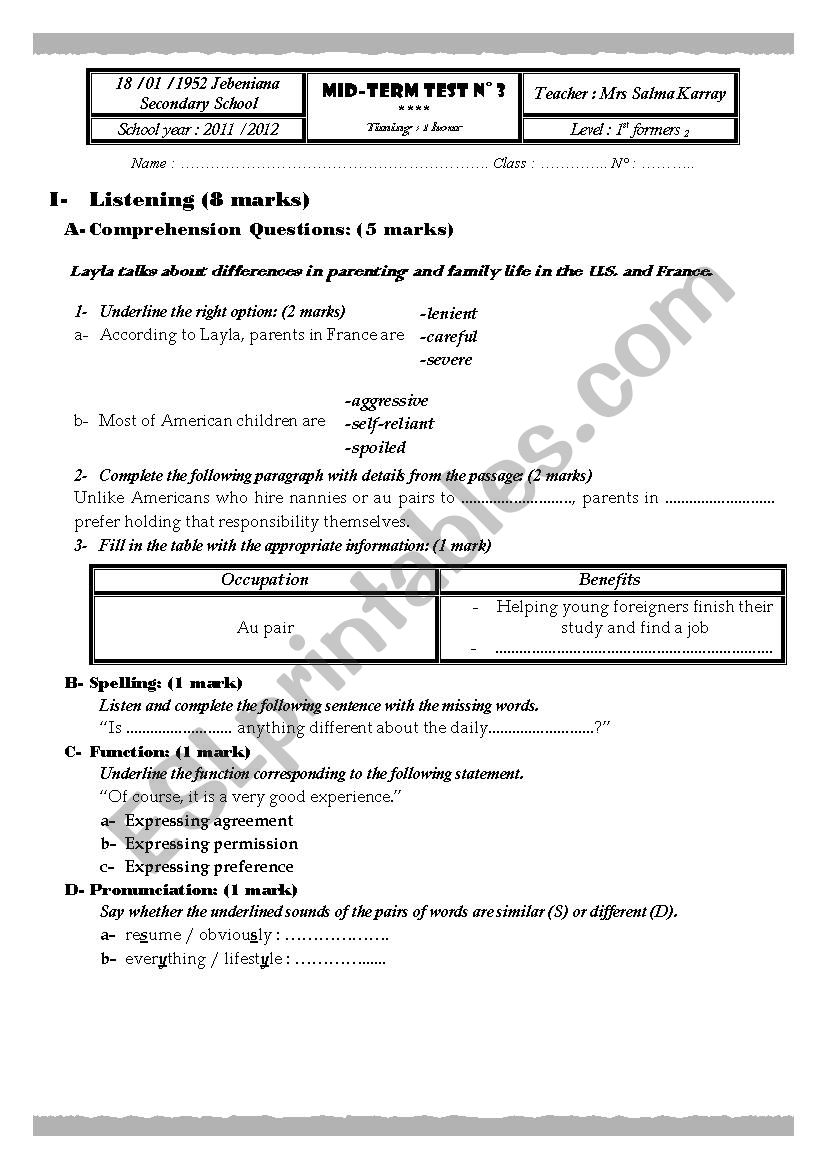 Mid-term Test N°3 - Esl Worksheet By English Forever