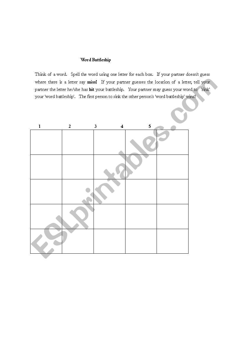 Word Battleship worksheet