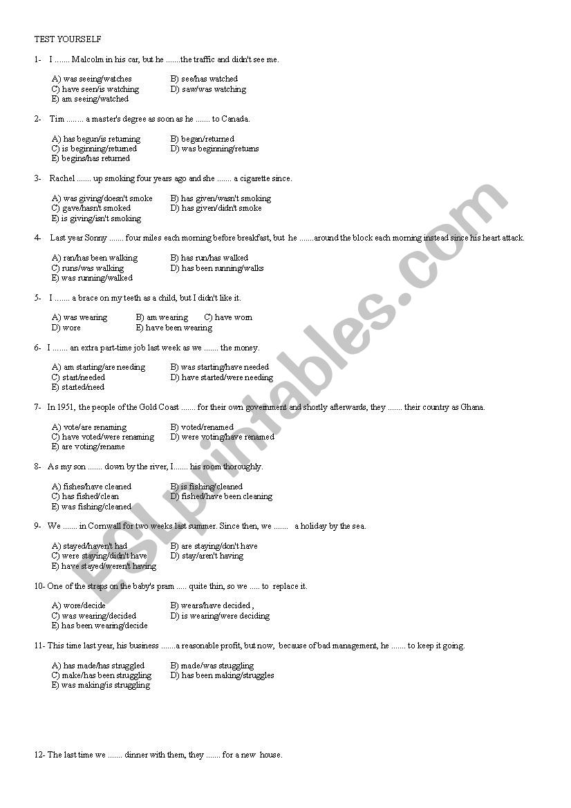 Mixed Tenses Multiple Choice Test 1 ESL Worksheet By Serzt